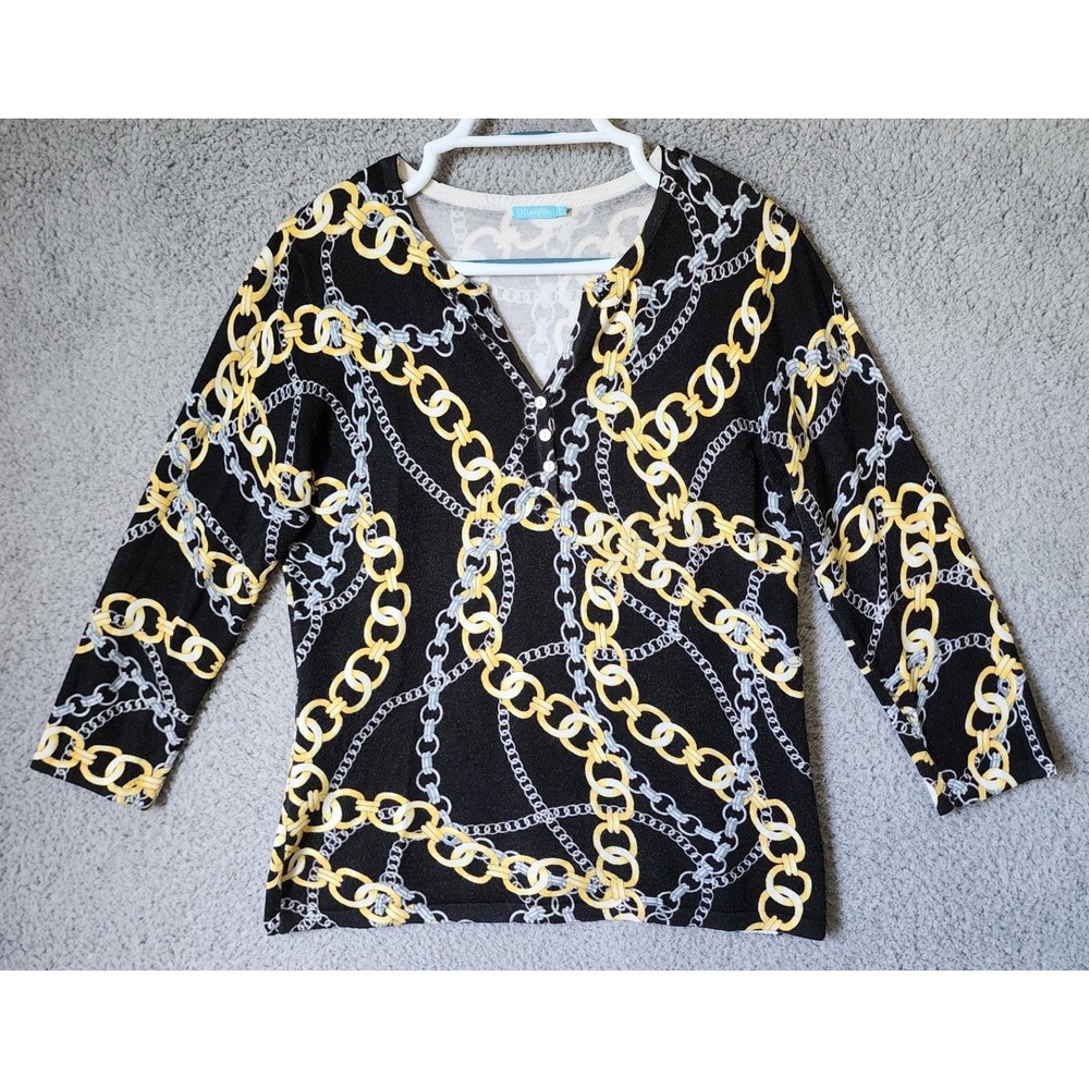 J.McLaughlin‎ Henley Top Women Small Black Yellow Silver Chain Link 3/4 Sleeve